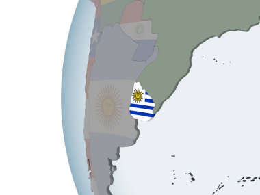 Uruguay katıştırılmış bayrak ile siyasi dünya üzerinde. 3D çizim.
