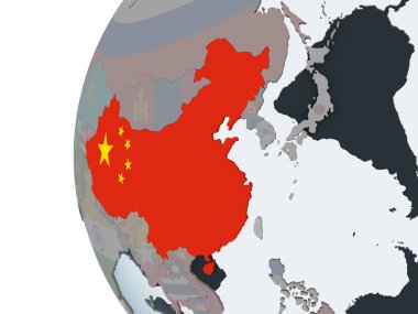 Çin katıştırılmış bayrak ile siyasi dünya üzerinde. 3D çizim.