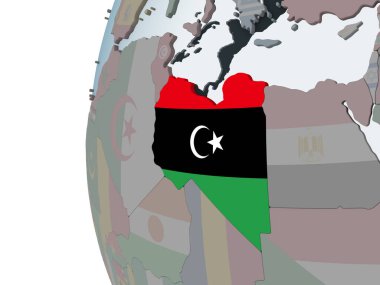 Libya katıştırılmış bayrak ile siyasi dünya üzerinde. 3D çizim.