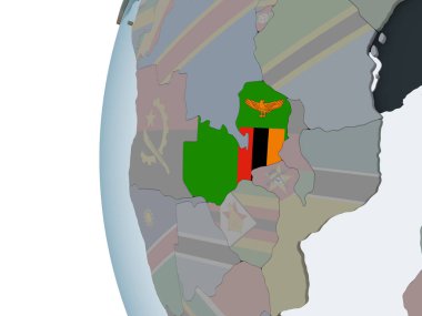 Zambiya katıştırılmış bayrak ile siyasi dünya üzerinde. 3D çizim.