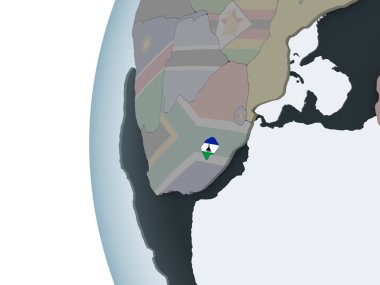 Lesotho katıştırılmış bayrak ile siyasi dünya üzerinde. 3D çizim.