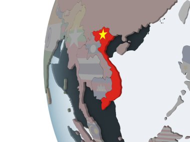 Vietnam katıştırılmış bayrak ile siyasi dünya üzerinde. 3D çizim.