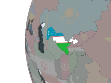 Özbekistan katıştırılmış bayrak ile siyasi dünya üzerinde. 3D çizim.