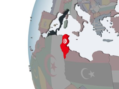 Tunus katıştırılmış bayrak ile siyasi dünya üzerinde. 3D çizim.