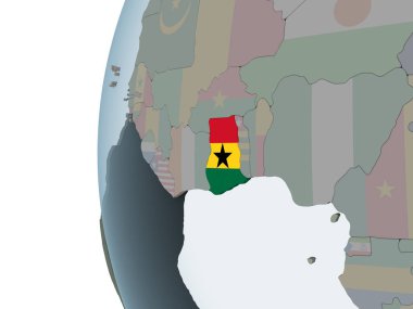 Gana katıştırılmış bayrak ile siyasi dünya üzerinde. 3D çizim.