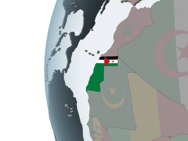 Batı Sahra katıştırılmış bayrak ile siyasi dünya üzerinde. 3D çizim.