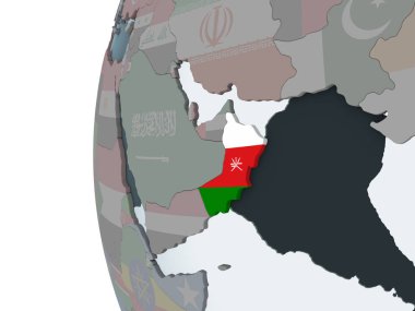 Umman katıştırılmış bayrak ile siyasi dünya üzerinde. 3D çizim.