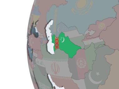Türkmenistan katıştırılmış bayrak ile siyasi dünya üzerinde. 3D çizim.
