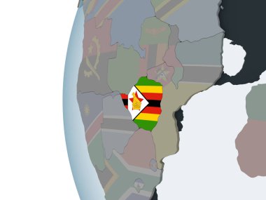 Zimbabve katıştırılmış bayrak ile siyasi dünya üzerinde. 3D çizim.