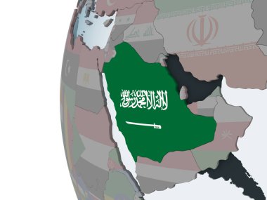 Suudi Arabistan katıştırılmış bayrak ile siyasi dünya üzerinde. 3D çizim.