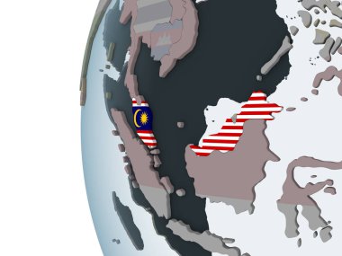 Malezya katıştırılmış bayrak ile siyasi dünya üzerinde. 3D çizim.