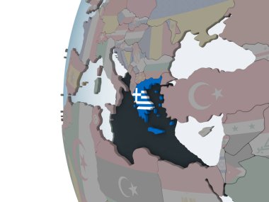 Yunanistan katıştırılmış bayrak ile siyasi dünya üzerinde. 3D çizim.