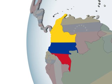 Kolombiya katıştırılmış bayrak ile siyasi dünya üzerinde. 3D çizim.