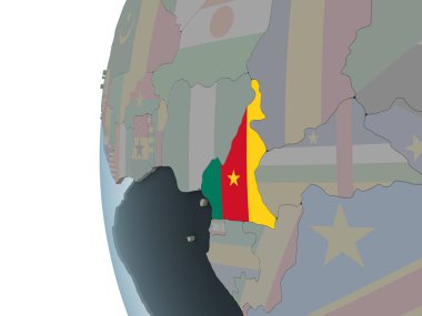 Kamerun katıştırılmış bayrak ile siyasi dünya üzerinde. 3D çizim.