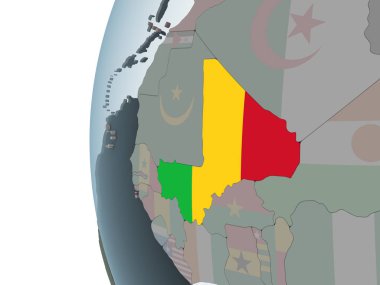 Mali katıştırılmış bayrak ile siyasi dünya üzerinde. 3D çizim.