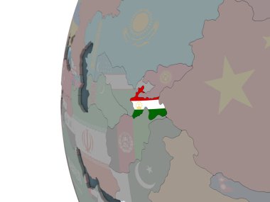 Tacikistan katıştırılmış bayrak ile siyasi dünya üzerinde. 3D çizim.
