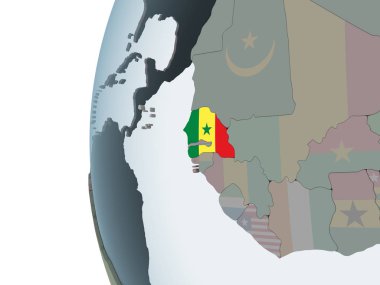 Senegal katıştırılmış bayrak ile siyasi dünya üzerinde. 3D çizim.