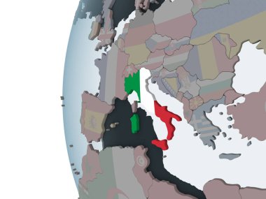 İtalya katıştırılmış bayrak ile siyasi dünya üzerinde. 3D çizim.