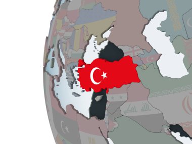 Türkiye katıştırılmış bayrak ile siyasi dünya üzerinde. 3D çizim.