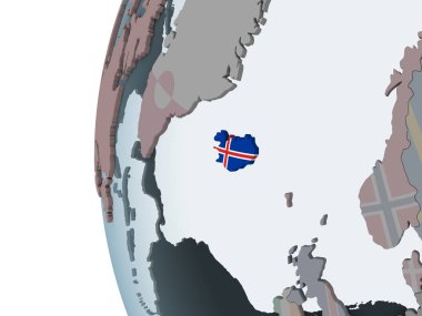 İzlanda katıştırılmış bayrak ile siyasi dünya üzerinde. 3D çizim.