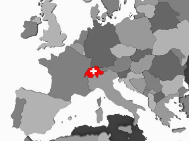 İsviçre katıştırılmış bayrak ile gri siyasi dünya üzerinde. 3D çizim.