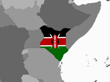 Kenya katıştırılmış bayrak ile gri siyasi dünya üzerinde. 3D çizim.
