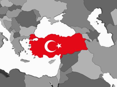 Türkiye katıştırılmış bayrak ile gri siyasi dünya üzerinde. 3D çizim.