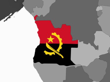 Angola katıştırılmış bayrak ile gri siyasi dünya üzerinde. 3D çizim.
