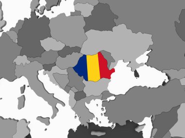 Romanya katıştırılmış bayrak ile gri siyasi dünya üzerinde. 3D çizim.