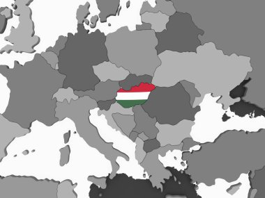 Macaristan katıştırılmış bayrak ile gri siyasi dünya üzerinde. 3D çizim.
