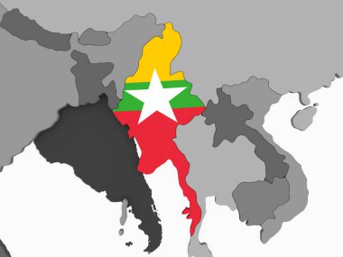 Myanmar katıştırılmış bayrak ile gri siyasi dünya üzerinde. 3D çizim.