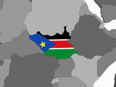 Güney Sudan katıştırılmış bayrak ile gri siyasi dünya üzerinde. 3D çizim.