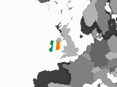 İrlanda'da katıştırılmış bayrak ile gri siyasi dünya. 3D çizim.