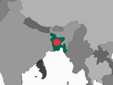 Bangladeş katıştırılmış bayrak ile gri siyasi dünya üzerinde. 3D çizim.