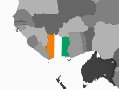 Fildişi Sahili katıştırılmış bayrak ile gri siyasi dünya üzerinde. 3D çizim.