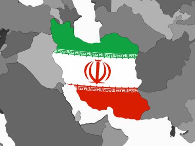 Iran katıştırılmış bayrak ile gri siyasi dünya üzerinde. 3D çizim.