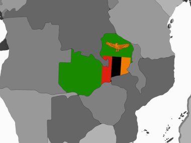 Zambiya katıştırılmış bayrak ile gri siyasi dünya üzerinde. 3D çizim.