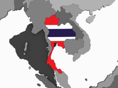Tayland katıştırılmış bayrak ile gri siyasi dünya üzerinde. 3D çizim.