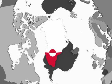 Grönland katıştırılmış bayrak ile gri siyasi dünya üzerinde. 3D çizim.