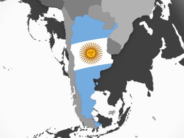 Arjantin katıştırılmış bayrak ile gri siyasi dünya üzerinde. 3D çizim.