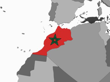 Fas katıştırılmış bayrak ile gri siyasi dünya üzerinde. 3D çizim.