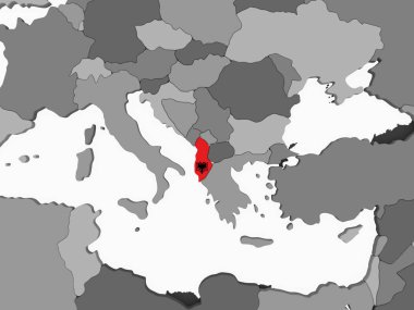 Arnavutluk katıştırılmış bayrak ile gri siyasi dünya üzerinde. 3D çizim.