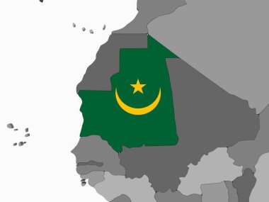 Moritanya katıştırılmış bayrak ile gri siyasi dünya üzerinde. 3D çizim.