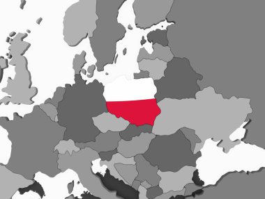 Polonya katıştırılmış bayrak ile gri siyasi dünya üzerinde. 3D çizim.