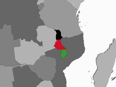 Malavi katıştırılmış bayrak ile gri siyasi dünya üzerinde. 3D çizim.