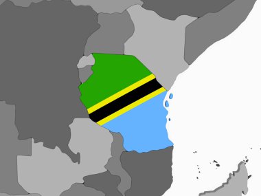 Tanzanya katıştırılmış bayrak ile gri siyasi dünya üzerinde. 3D çizim.