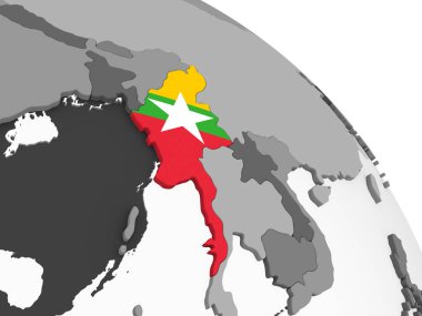 Myanmar katıştırılmış bayrak ile gri siyasi dünya üzerinde. 3D çizim.