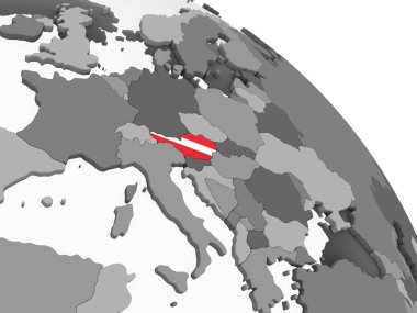 Avusturya katıştırılmış bayrak ile gri siyasi dünya üzerinde. 3D çizim.