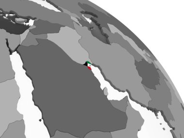 Kuveyt katıştırılmış bayrak ile gri siyasi dünya üzerinde. 3D çizim.