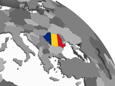 Romanya katıştırılmış bayrak ile gri siyasi dünya üzerinde. 3D çizim.